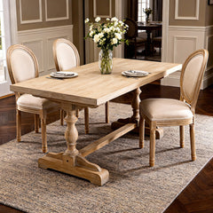 French Style Solid Wood Frame Linen Fabric Oval Back Dining Chair,Set of 2,Beige