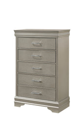 5-Drawer Tall Chest Modern 1pc Beige Champagne Texture Finish Solid Wood Wooden Crystal Tufted Handle Bedroom Home Furniture