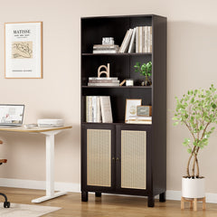 Tall Bookcase with Rattan Doors,5 Tier Storage Wood Shelves Large Bookshelf for Library Living Room Bedroom Home Office,Walnut