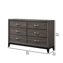 Transitional Style Dresser with 6 Drawers and Metal Pulls, Gray and Black