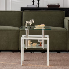 2 pieces White Tempered Clear Glass End Table, 2-Layers Small Table with Storage, Living Room Side Table