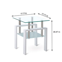 2 pieces White Tempered Clear Glass End Table, 2-Layers Small Table with Storage, Living Room Side Table