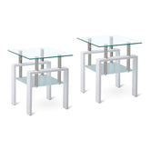 2 pieces White Tempered Clear Glass End Table, 2-Layers Small Table with Storage, Living Room Side Table