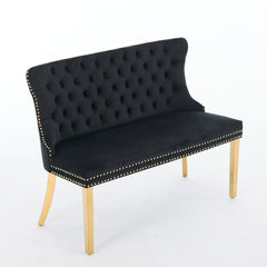 Velvet Double Dining Loveseat Bench, Kitchen & Dining Seating, 2-Seat Tufted Bench w/Handmade Buttons, Wing Back, Gold-Plated Steel Legs, Mid Century Modern,Single Pack,Black,SW1602BK