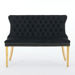 Velvet Double Dining Loveseat Bench, Kitchen & Dining Seating, 2-Seat Tufted Bench w/Handmade Buttons, Wing Back, Gold-Plated Steel Legs, Mid Century Modern,Single Pack,Black,SW1602BK