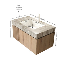 MURI 36" Bathroom Vanity with Sink, Floating Wall-Mounted Plywood Bathroom Storage Cabinet with Drawer & Door, Light Gray Sintered Stone Countertop with Basin, Pre-assembled, White Oak Woodgrain Color