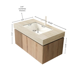MURI 36" Bathroom Vanity&Sink, Floating Plywood Storage Cabinet with Drawer&Door, Roma Travertine Sintered Stone Top&Ceramic Basin with 1 Pre-drilled Faucet Hole, Pre-assembled, White Oak Woodgrain