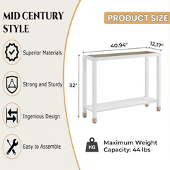 Glass Entryway Table, 2-Tier Entry Way Console Entrance Table, 41"L Narrow Sofa Table with Shelves, Ideal for Hallway, Entryway, Living Room, Foyer, Corridor, and Office (Gold & White)