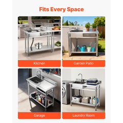 Stainless Steel Utility Sink, Free Standing Single Bowl Commercial Kitchen Sink with Faucet, 39.4 x 19.7 x 37 in, Utility Right Basin with Hot & Cold Water Pipe for Garage, Restaurant, Laundry