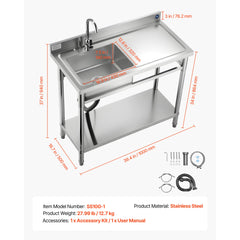 Stainless Steel Utility Sink, Free Standing Single Bowl Commercial Kitchen Sink with Faucet, 39.4 x 19.7 x 37 in, Utility Right Basin with Hot & Cold Water Pipe for Garage, Restaurant, Laundry