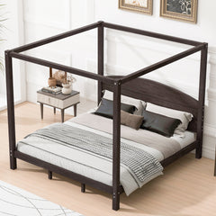 King Size Canopy Platform Bed with Headboard and Support Legs, Brown Wash