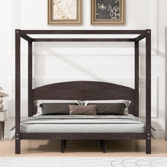 King Size Canopy Platform Bed with Headboard and Support Legs, Brown Wash