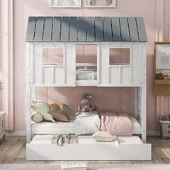 Twin Size House Bunk Bed with Trundle,Roof and Windows,White+Grey