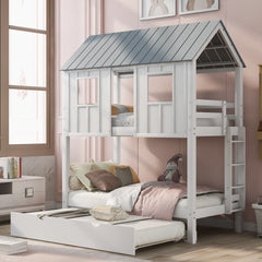 Twin Size House Bunk Bed with Trundle,Roof and Windows,White+Grey