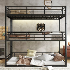 Full over Full over Full Bunk Bed, Metal Triple Bunk Bed with Safety Guardrails, Heavy-duty Bunk Bed with Noise-reduced Design, Black