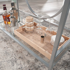 Contemporary Bar Cart with 2 Glass Shelves, Gray finish