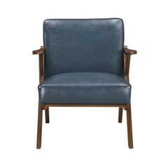 Brown Finish Solid Rubberwood Frame 1pc Accent Chair Blue Faux Leather Upholstery Living Room Furniture