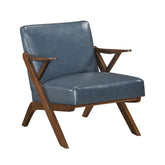 Brown Finish Solid Rubberwood Frame 1pc Accent Chair Blue Faux Leather Upholstery Living Room Furniture