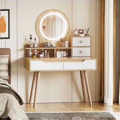 Makeup Vanity Desk with 3 Adjustable Lighted Mirror with solid wood table feet , Dressing Table Set with 4 drawers and 3 open shelves for Small space Bedroom