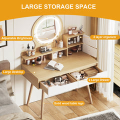 Makeup Vanity Desk with 3 Adjustable Lighted Mirror with solid wood table feet , Dressing Table Set with 4 drawers and 3 open shelves for Small space Bedroom