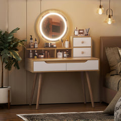 Makeup Vanity Desk with 3 Adjustable Lighted Mirror with solid wood table feet , Dressing Table Set with 4 drawers and 3 open shelves for Small space Bedroom