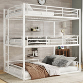 Full over Full over Full Bunk Bed, Metal Triple Bunk Bed with Safety Guardrails, Heavy-duty Bunk Bed with Noise-reduced Design, White