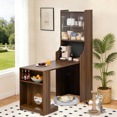Modern Extendable Dining Table with Hutch & Storage, Home Office Pet-friendly Gaming Desk with Shelves, Space-Saving Workstation with Free Cat Bed & Scratching Post