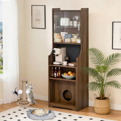 Modern Extendable Dining Table with Hutch & Storage, Home Office Pet-friendly Gaming Desk with Shelves, Space-Saving Workstation with Free Cat Bed & Scratching Post