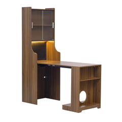 Modern Extendable Dining Table with Hutch & Storage, Home Office Pet-friendly Gaming Desk with Shelves, Space-Saving Workstation with Free Cat Bed & Scratching Post