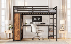 Queen Size Loft Bed Frame with Built-in Wardrobe, Metal Loft Bed with Desk and Storage Shelves, Woodgrain