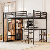 Queen Size Loft Bed Frame with Built-in Wardrobe, Metal Loft Bed with Desk and Storage Shelves, Woodgrain