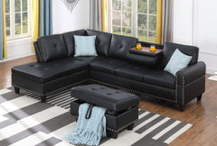 Black Faux Leather L - Shaped Sectional with Storage & Cup Holders