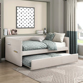 Modern Daybed Pull-out Trundle Side Pockets Beige Upholstery Nailhead Trim Bedroom Living Room Furniture 1pc