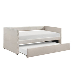 Modern Daybed Pull-out Trundle Side Pockets Beige Upholstery Nailhead Trim Bedroom Living Room Furniture 1pc