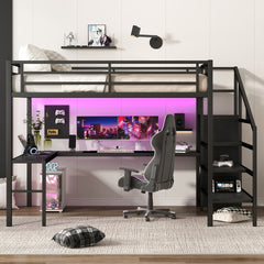 Queen Size Loft Bed with L-shaped Desk and USB, Metal Loft Bed with Wardrobe and Adjustable Shelf, High Loft Bed with LED for Kids Teens Adults, Black