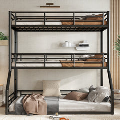 Twin over Twin over Full Bunk Bed, Metal Triple Bunk Bed with Safety Guardrails, Heavy-duty Bunk Bed with Noise-reduced Design, Black