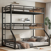 Twin over Twin over Full Bunk Bed, Metal Triple Bunk Bed with Safety Guardrails, Heavy-duty Bunk Bed with Noise-reduced Design, Black