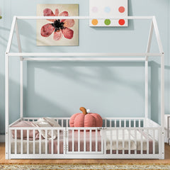 Full Size Metal House Bed with Fence and Door, White