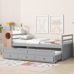 Twin Size Bed with Headboard, Footboard, Trundle and Three Storage Drawers, Twin Size Pine Wood Bed with Headboard, Footboard,Grey