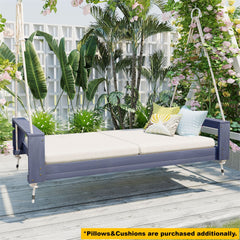 TOPMAX Twin Size Porch Swing Bed Seating Group, Patio Acacia Wood Swing Frame with Hemp Ropes for Garden, Backyard, Gray