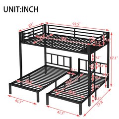 Twin over Twin & Queen Bunk Bed, Metal Triple Bunk Bed with Safety Guardrails,Space-Saving/Noise Reduced,Black