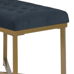 Metal Framed Bench with Button Tufted Velvet Upholstered Seat, Dark Blue and Gold