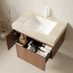 MURI 30" Bathroom Vanity&Sink, Floating Plywood Storage Cabinet with Drawer&Door, Roma Travertine Sintered Stone Top&Ceramic Basin with 1 Pre-drilled Faucet Hole, Pre-assembled, Brown Oak Woodgrain