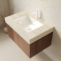 MURI 30" Bathroom Vanity&Sink, Floating Plywood Storage Cabinet with Drawer&Door, Roma Travertine Sintered Stone Top&Ceramic Basin with 1 Pre-drilled Faucet Hole, Pre-assembled, Brown Oak Woodgrain