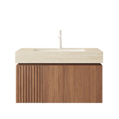 MURI 30" Bathroom Vanity&Sink, Floating Plywood Storage Cabinet with Drawer&Door, Roma Travertine Sintered Stone Top&Ceramic Basin with 1 Pre-drilled Faucet Hole, Pre-assembled, Brown Oak Woodgrain