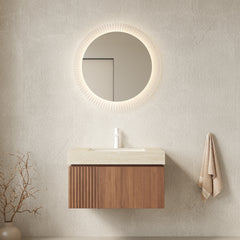 MURI 30" Bathroom Vanity&Sink, Floating Plywood Storage Cabinet with Drawer&Door, Roma Travertine Sintered Stone Top&Ceramic Basin with 1 Pre-drilled Faucet Hole, Pre-assembled, Brown Oak Woodgrain