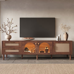 Rattan TV Stand with 3 Cabinets & 2 Drawers, Rattan-inspired Media Console Table for TVs up to 80'', LED Light Entertainment Center, TV cabinet for Living room, Bedroom, Home Theatre