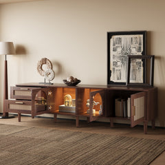 Rattan TV Stand with 3 Cabinets & 2 Drawers, Rattan-inspired Media Console Table for TVs up to 80'', LED Light Entertainment Center, TV cabinet for Living room, Bedroom, Home Theatre