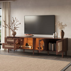 Rattan TV Stand with 3 Cabinets & 2 Drawers, Rattan-inspired Media Console Table for TVs up to 80'', LED Light Entertainment Center, TV cabinet for Living room, Bedroom, Home Theatre