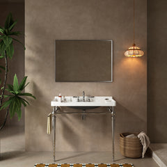 VICI 36" Bathroom Console Sink, Wall-Mounted White Ceramic Vanity Basin with 3 Pre-drilled Faucet Holes, Freestanding Stainless Steel Support Legs with Towel Bar, No Faucet & Sink Cover, Chrome Color
